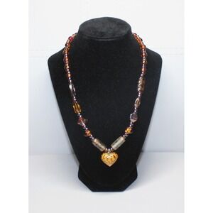 handcrafted beaded heart pendant necklace 20" brown amber glass leopard print